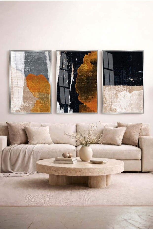 Volcanic Breeze and Burnt Orange Toned 3-Piece Glass Painting Set with Silver Metal Frame for Home and Office