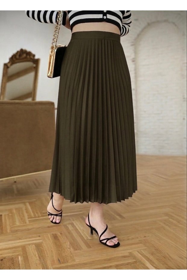 Women's Krep Fabric Lined Pleated Long Khaki Skirt