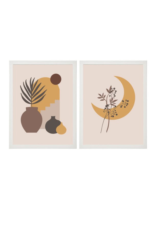 Set of 2, Mid Century Modern Art, Boho Decor, Landscape, Neutral Wall Art Poster with Frame 30x40cm