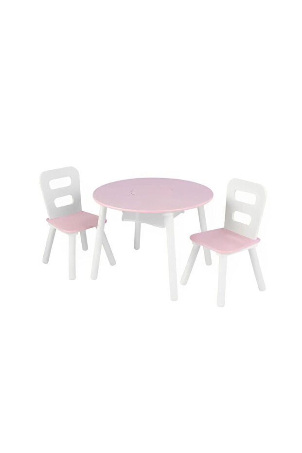 Rnd Storage TBL & 2 Chairs Set-Wht& Pink, Wood, Pink & White