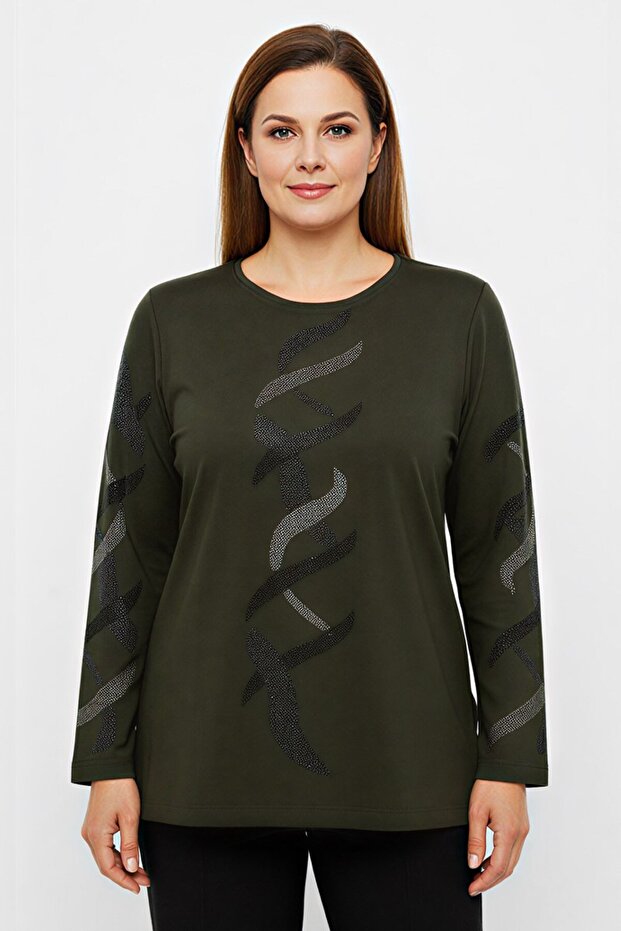 Women's Khaki Stone Detailed Combed Cotton Blouse