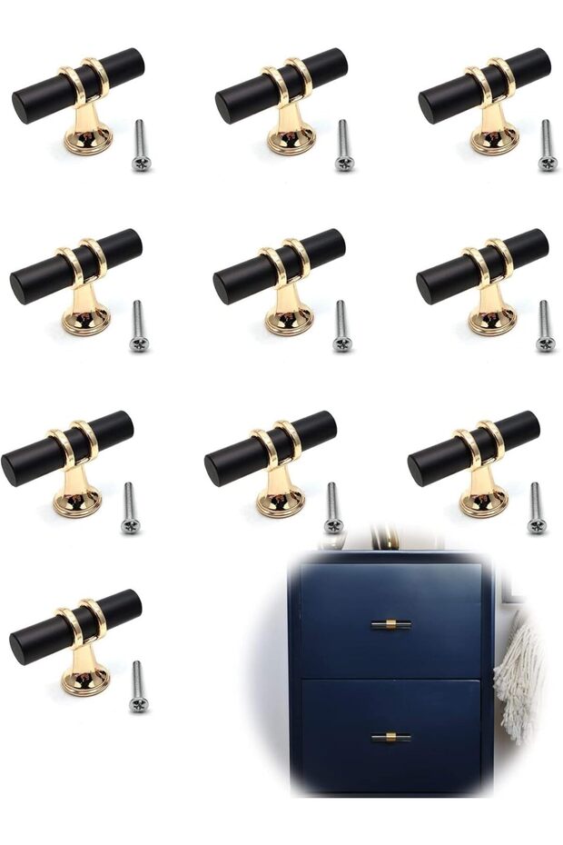 Silk Route - 10 Pack Matte Knobs Black Gold Cabinet Pulls, Kitchen Cabinet Knobs T Bar Pull Drawer Knob, Modern Bedroom Furniture Bar Dresser Drawer Single Hole Knobs, Zinc Alloy Base