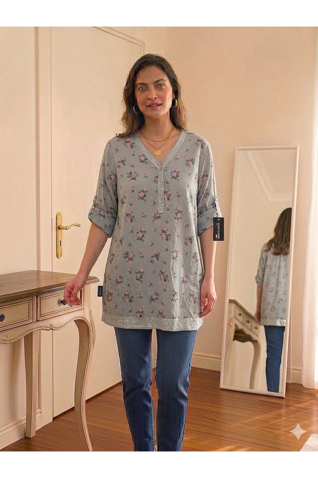 Women's Italian Mink Sequin Buttoned Placketed Collar Crisp Rose Pattern 3/4 Sleeve Blouse Tunic