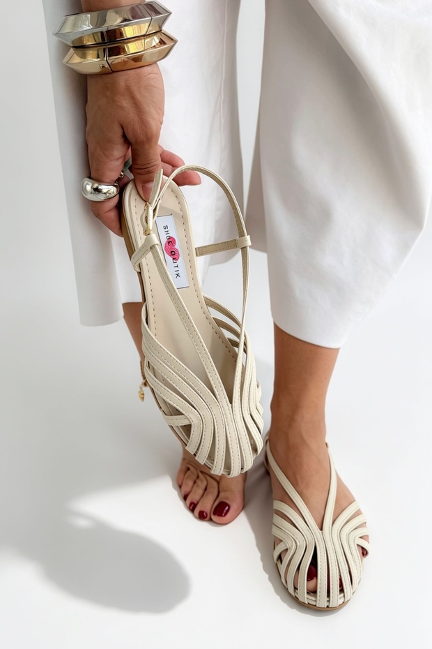 Rosamar Beige Leather Band Detail Flat Sole Women's Sandals