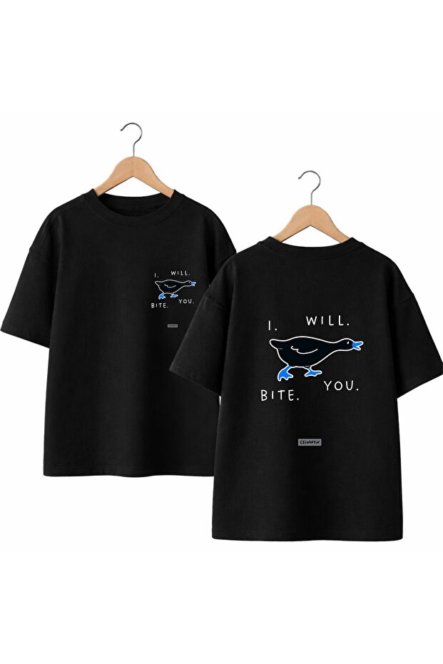 I Will Bite You Back and Front Chest Printed 100% Cotton Oversize Loose Regular Fit Crew Neck T-Shirt