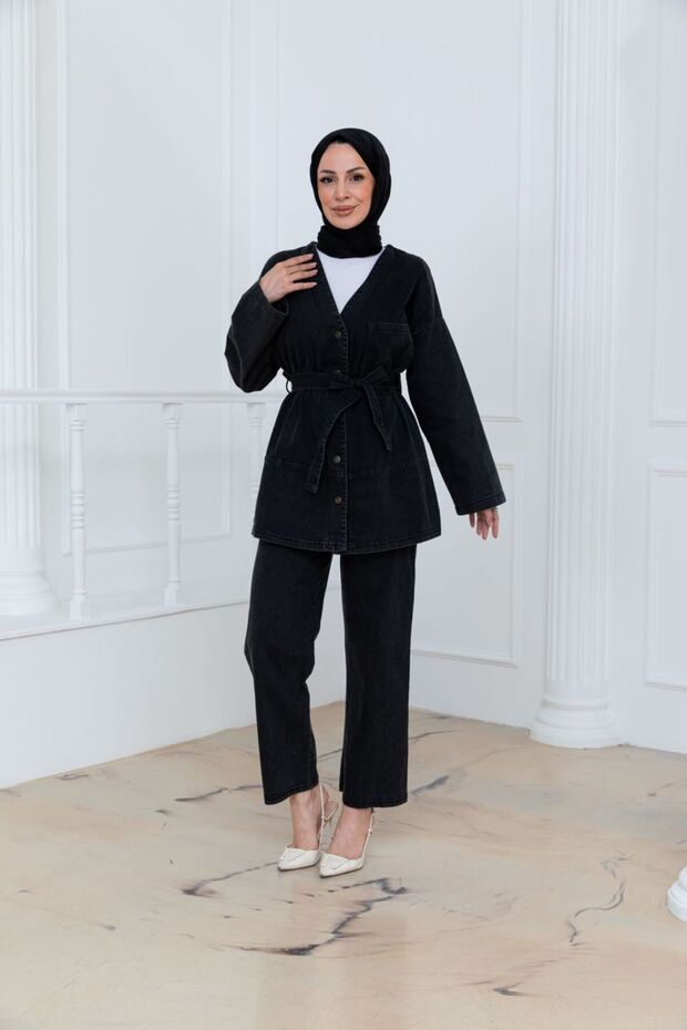 Denim Belted Oversize Trousers Jeans Set