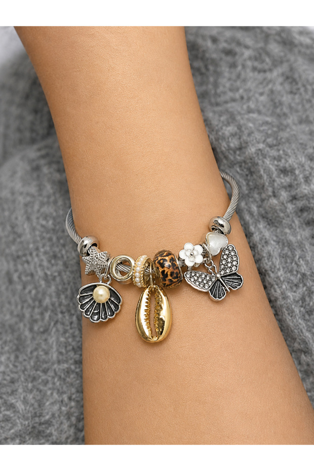 Stainless Steel Charm Bracelet for Women – Modern Design with Shell and Butterfly Figures