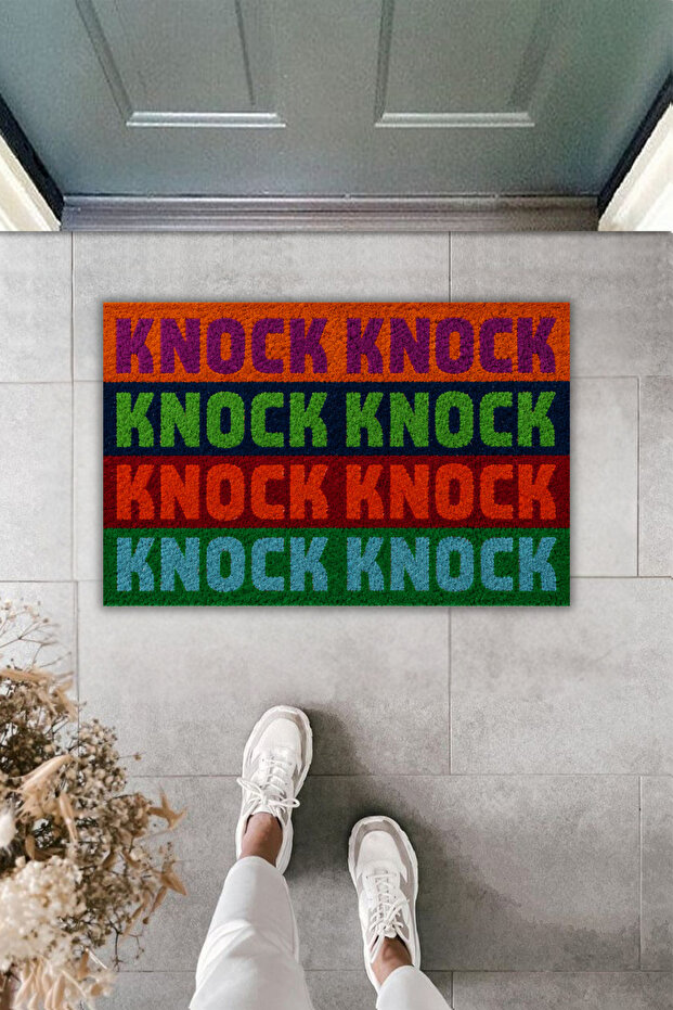Colorful Knock Written Modern Door Mat – Pop Art Digital Printed Non-Slip Base Mat