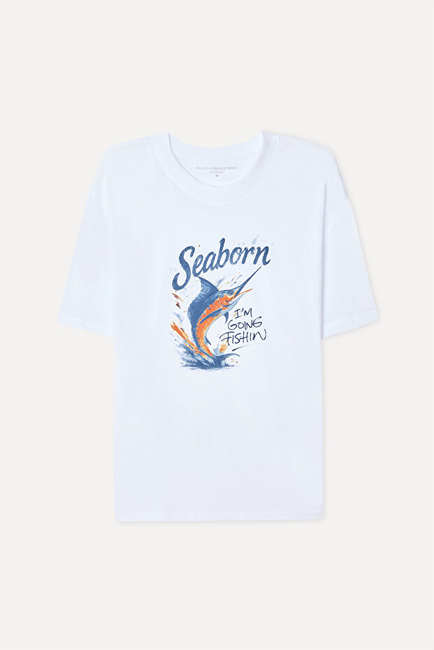 Men's White Printed Comfort Fit Crew Neck T-Shirt
