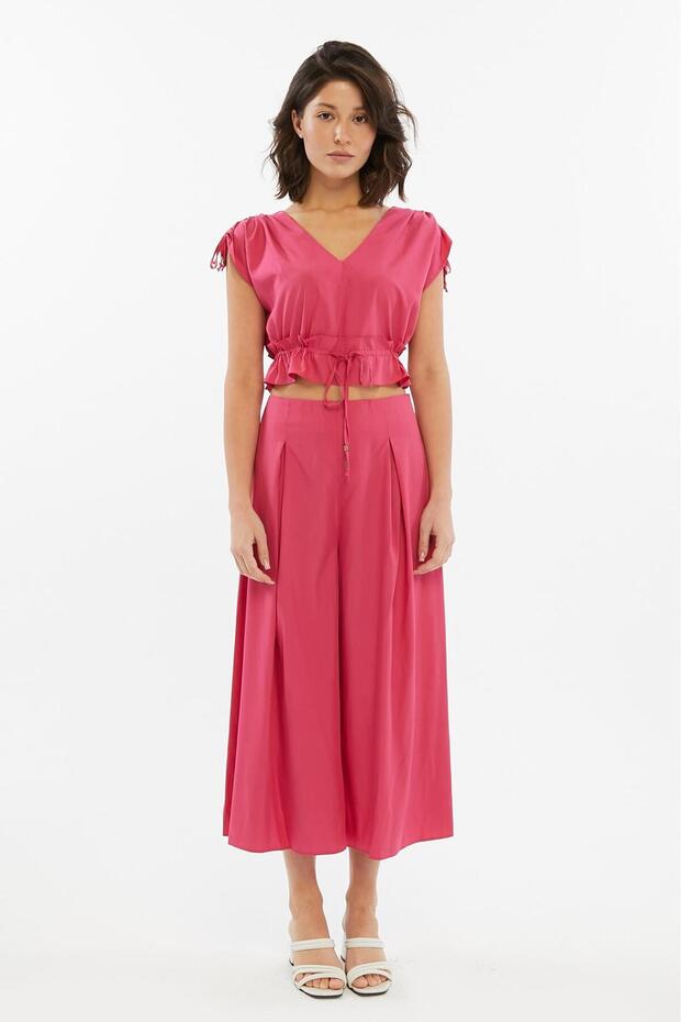 Women's V-Neck Suit with Shoulder and Waist Tie Detail