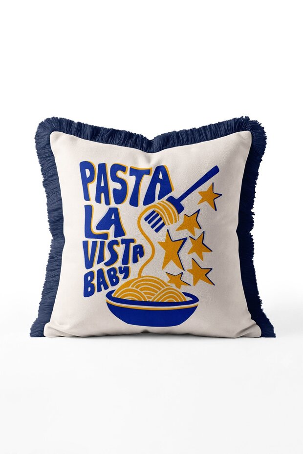 Pasta La Vista Written Fringed Cushion Cover - Navy Blue Tasseled Kitchen Themed Pillowcase
