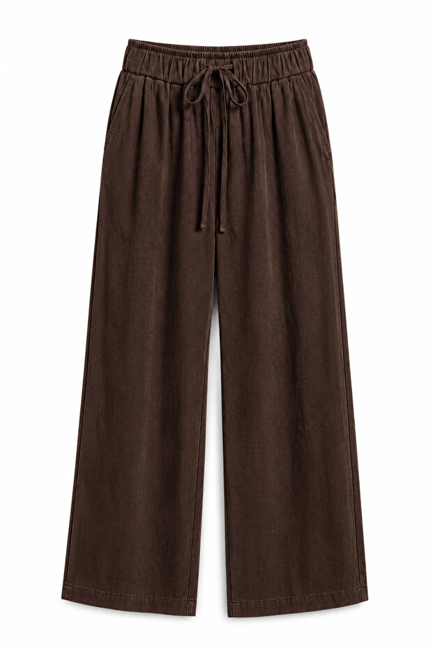 Brown Draped Tencel Trousers with Elastic Waist