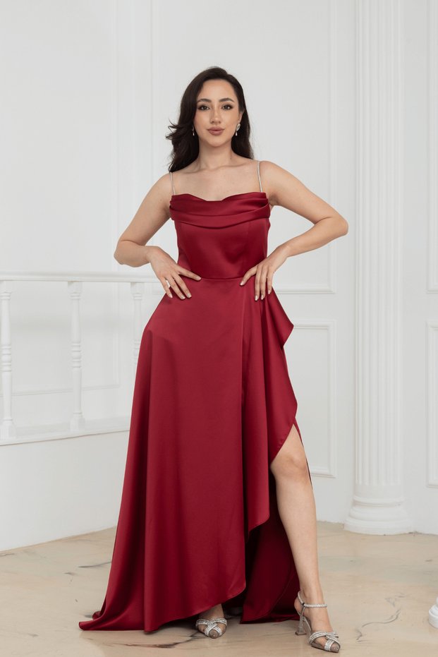 Degaje Collar Asymmetrical Cut Satin Evening Dress - Bordo