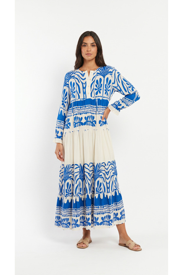 Hakim Collar Front Buttoned Long Sleeve Bohemian Maxi Dress Blue
