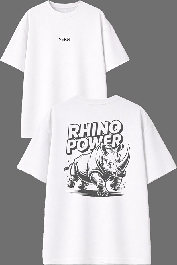 تي شيرت أبيض كبير الحجم بتصميم Power Rhino مطبوع من الأمام والخلف