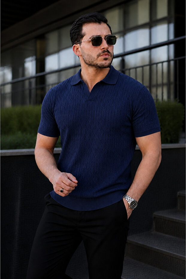 Men's Casual Striped Navy Blue Knitwear Polo Neck T-Shirt