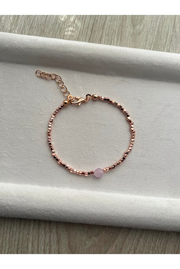 Rose Plated Copper Color Dorika Bracelet with Kunzite Stone Handmade