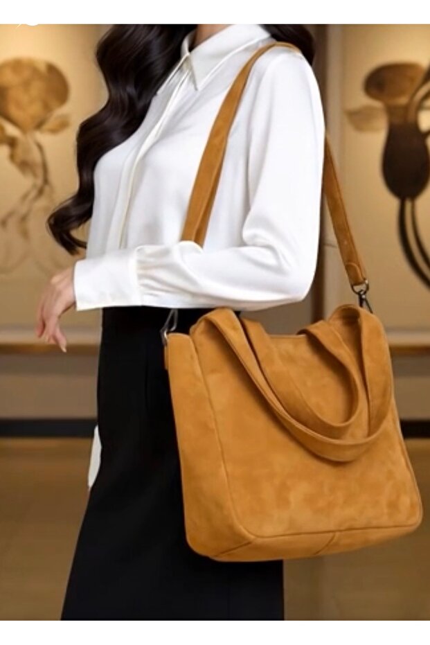 Genuine Suede Cowhide Leather, Tan, Shoulder Carry, Wide Strap, Hand and Shoulder Bag, Real Leather