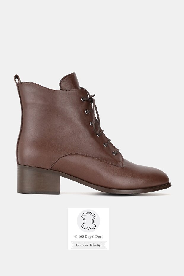 Women's Brown Genuine Leather Short Heel Lace-Up Boots & Booties, Sizes 34-42