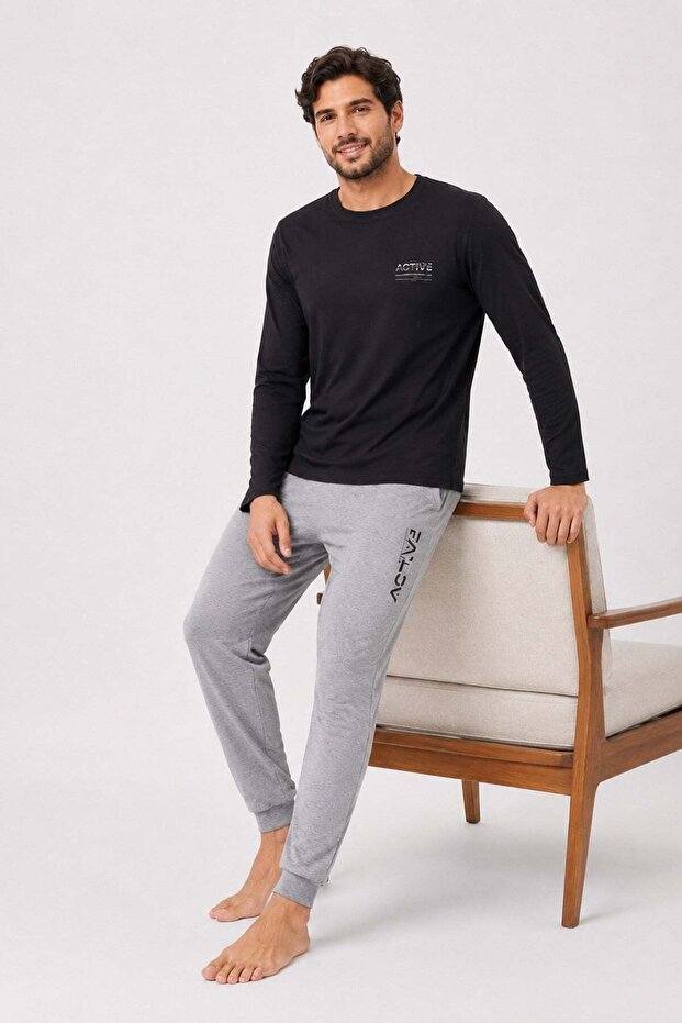 Men's Long Sleeve 100% Cotton Pajama Set Black