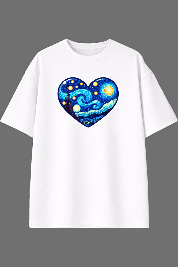 Heart Blue Design Front Printed White Oversize T-Shirt