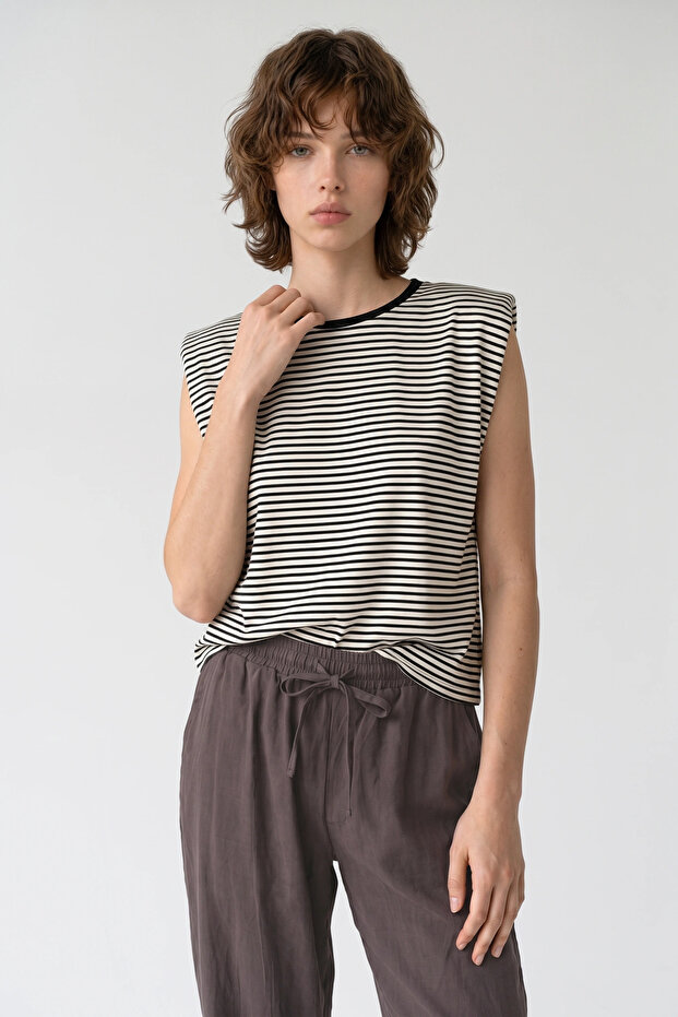 Padded Crew Neck Striped Sleeveless T-Shirt