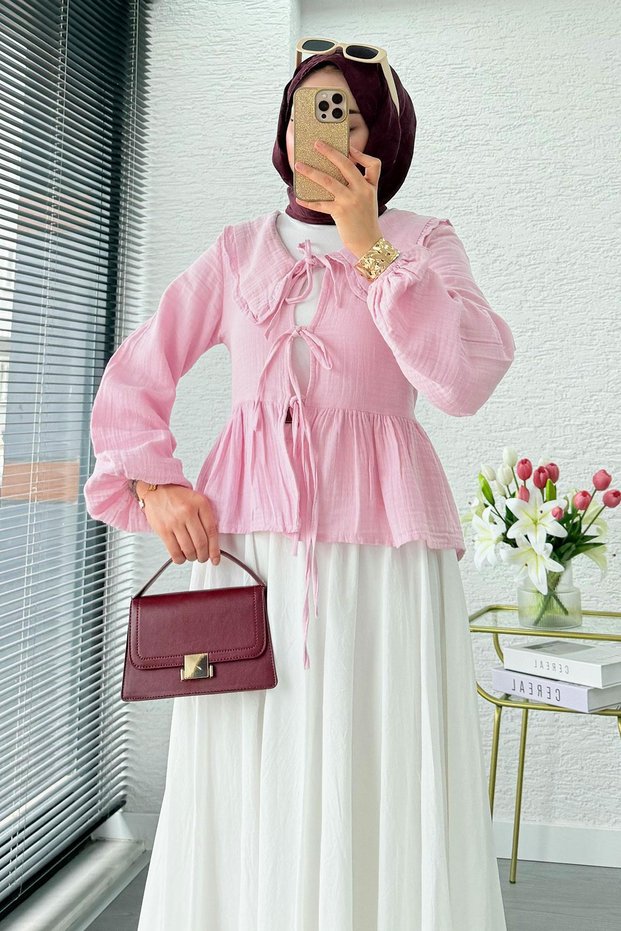 Premium Bebe Collar Wrap Muslin Blouse – Pink