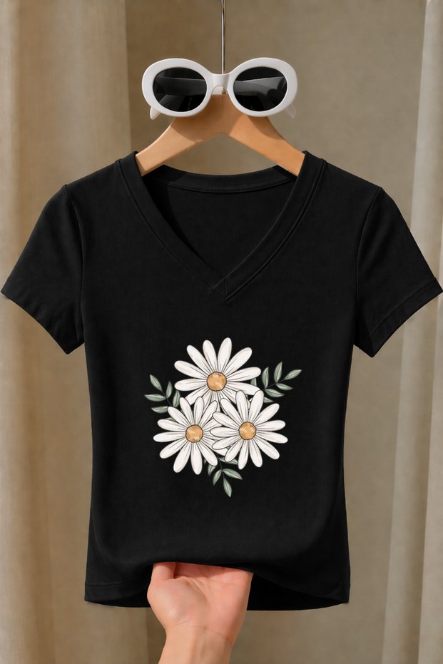 Women's Daisy Flower Printed Basic Daily Use V-Neck Slim Fit Lycra T-Shirt