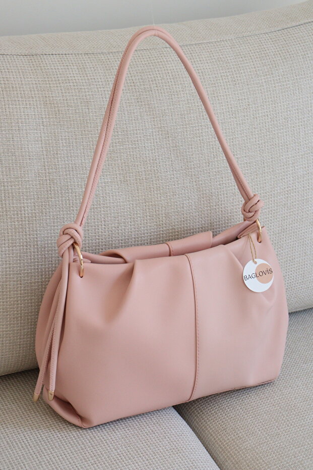 Medium Size Women's Faux Leather Zippered Shoulder Bag with Strap Knot Detail En35 Boy20