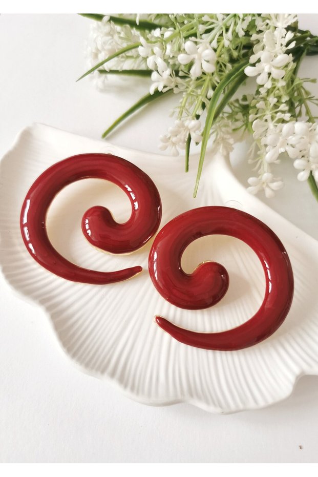 Red luna spiral mine plated steel earrings 6x5.5 cm