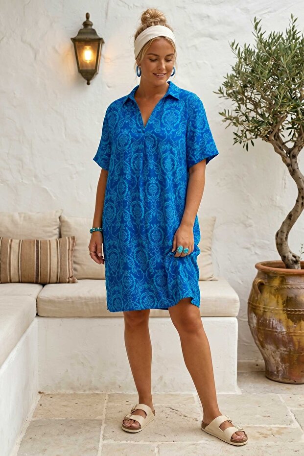 Blue Shirt Collar Short Sleeve Patterned Casual Viscose Woven Dress 105 65