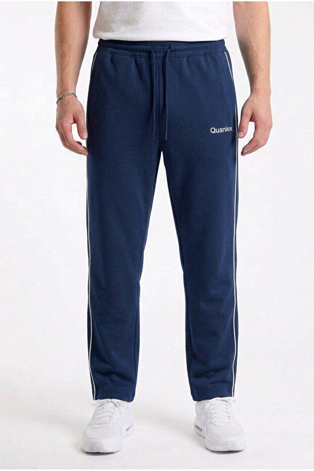 Men's Dark Blue Straight-Leg Comfortable Fit Combed Cotton Side-Piping Zipper Pocket Sweatpants