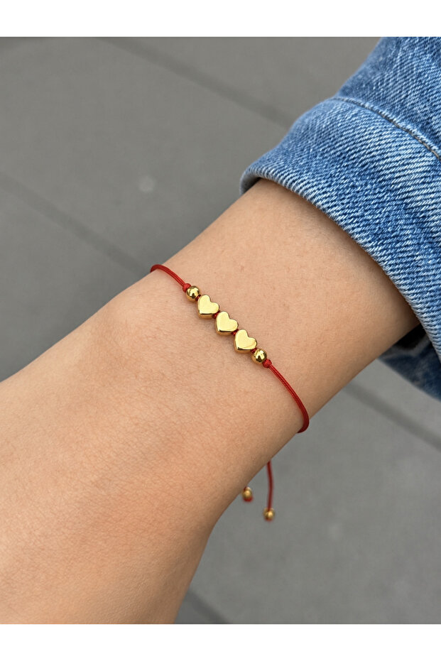 Gold 3 Heart Figured Red String Bracelet Adjustable Lucky Bracelet