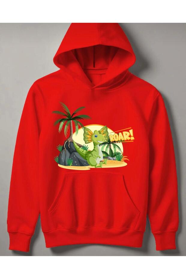 Green Dinosaur Printed 2-Strand Fleece Boy's Sweatshirt with Hood