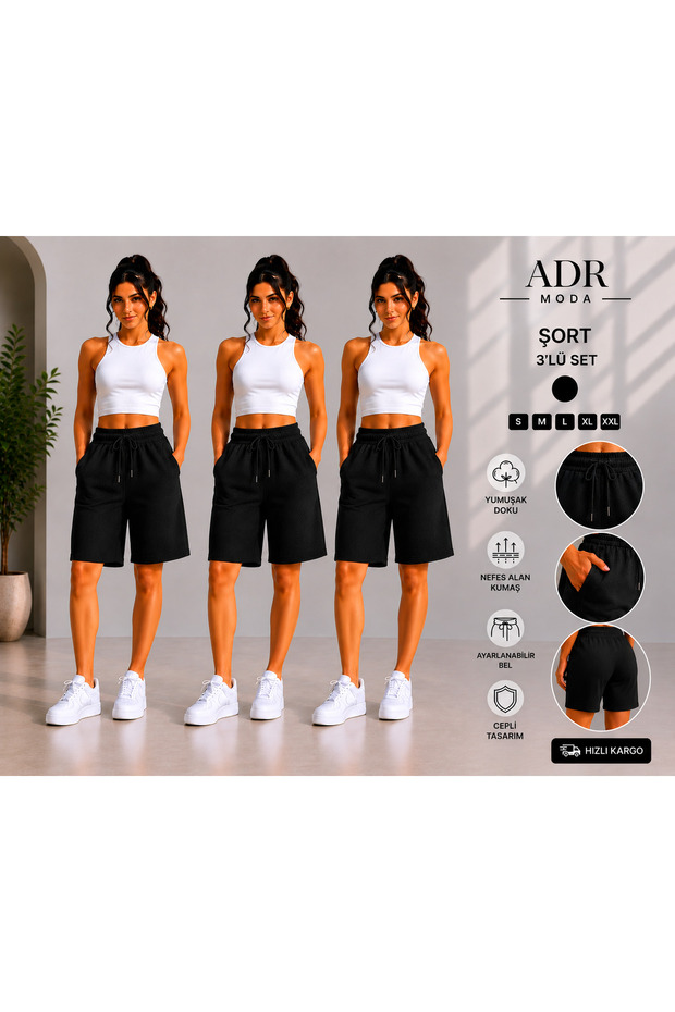 3-Piece Shorts Set Black Comfortable Fit Casual Sports Shorts No Show through