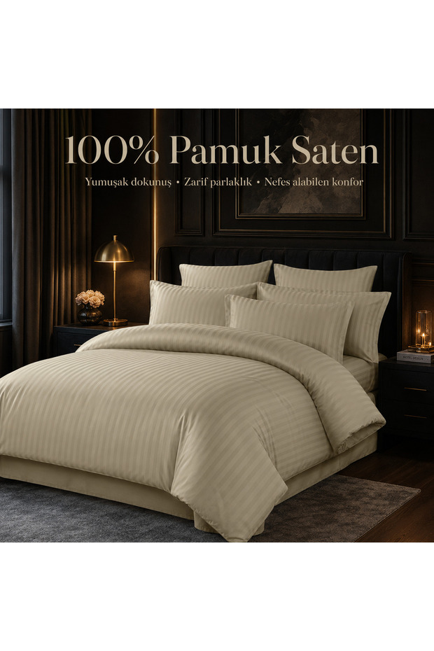 100% Cotton Satin Striped Double Duvet Cover Set - Ecru