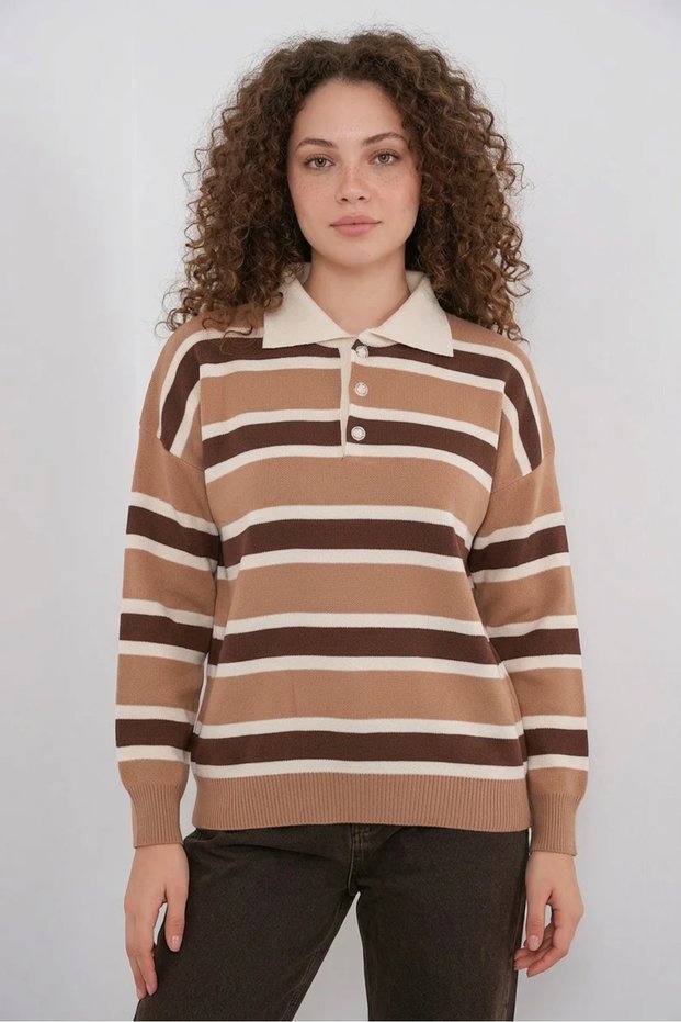 Women's Polo Collar Striped Knitwear Mink Sweater