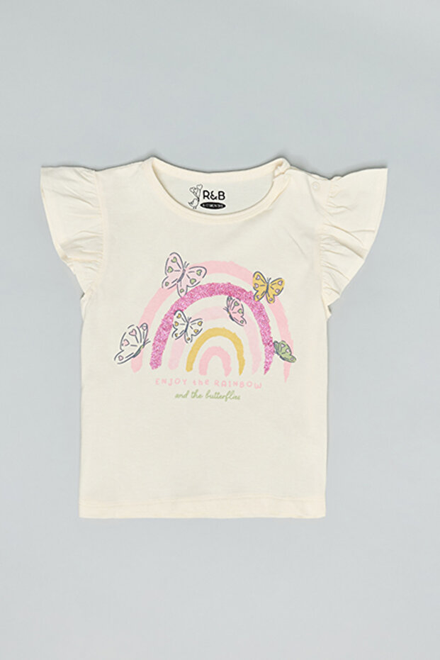 Printed Top with Crew Neck and Flutter Sleeves
