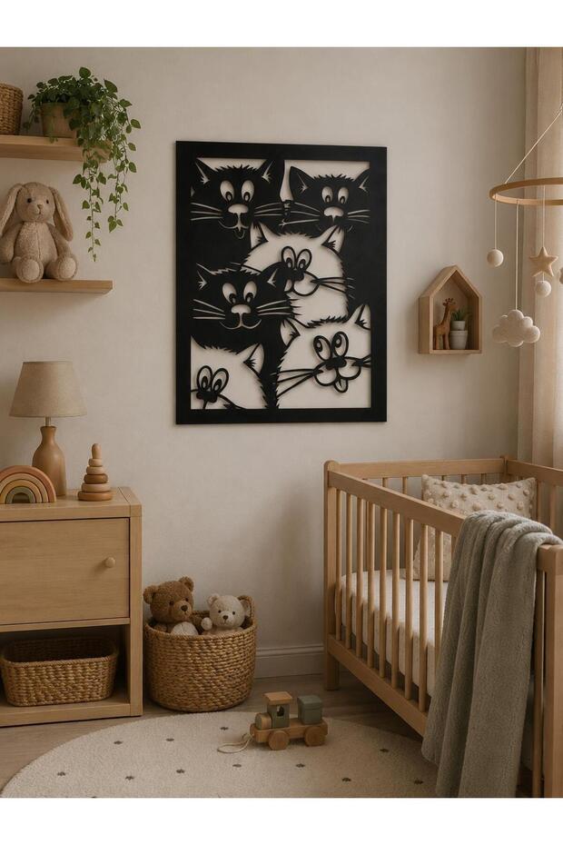 Sevimli Kediler 6mm Kalın MDF Duvar Tablosu | Çocuk Bebek Odası Modern Dekor | Kedi Sever Hediye - 1