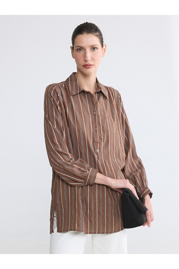 Brown Shirt Collar Striped Dobby Women's Tunic
