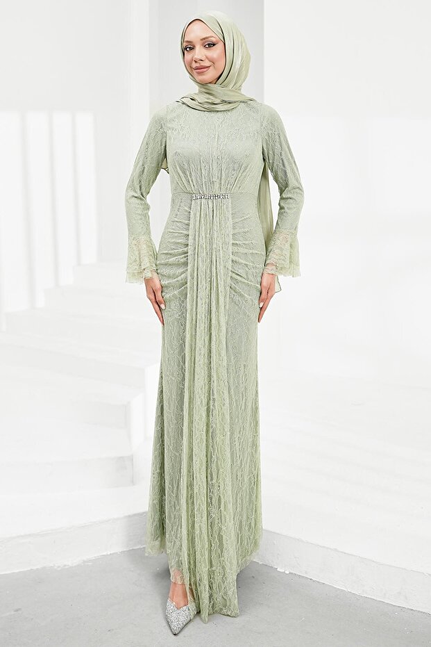 Mint Green Stone Lace Evening Dress with Flounces on the Sleeves