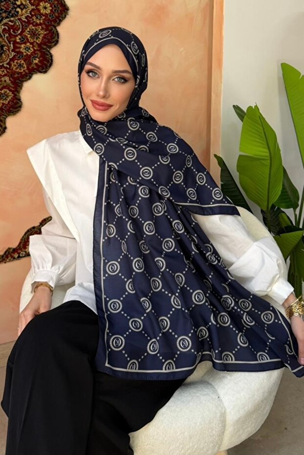 Navy Blue Monogram Patterned Soft Shawl