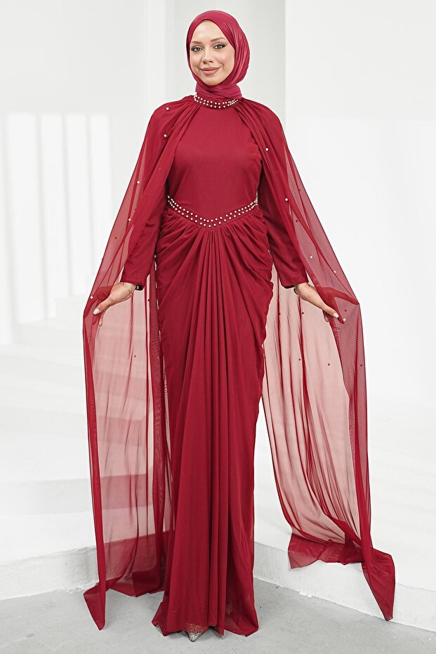 Burgundy Shoulder Cape Pearl Embellished Evening Dress