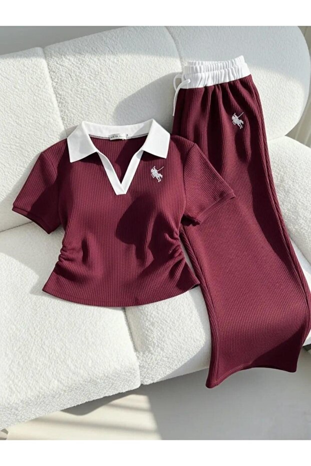 Polo Collar Ribbed Lycra Luxy Tracksuit Set