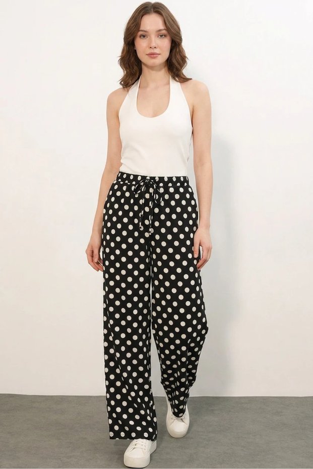 Women's Lace-Up Waist Polka Dot Wide-Leg Black Palazzo Trousers