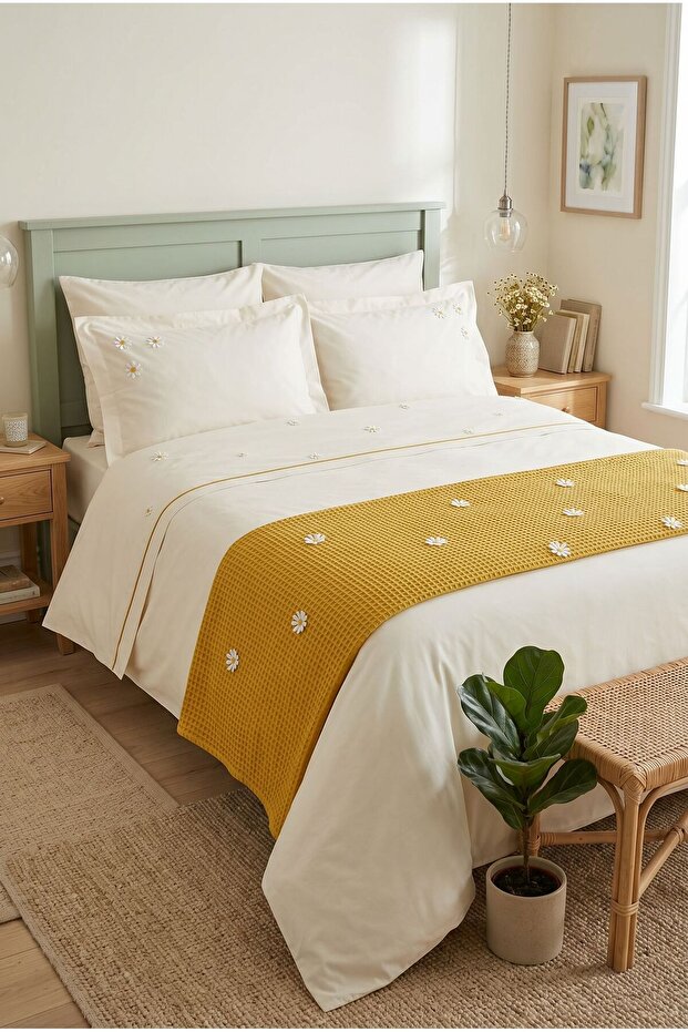 3D Daisy Embroidered Mustard Runner 100% Cotton 7 Piece Duvet Cover Set