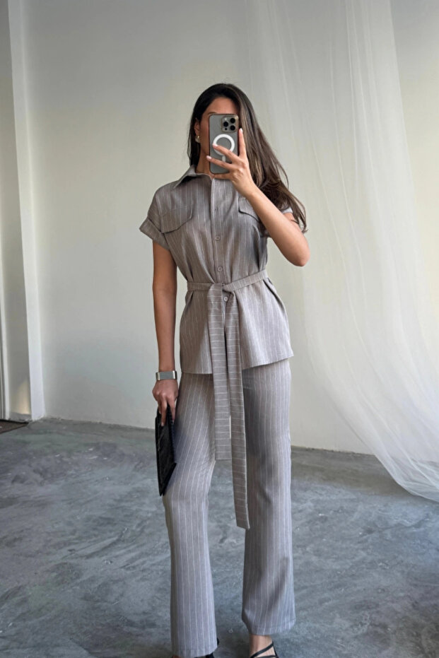 Striped Polyviscon Blazer and Pants Set - 1