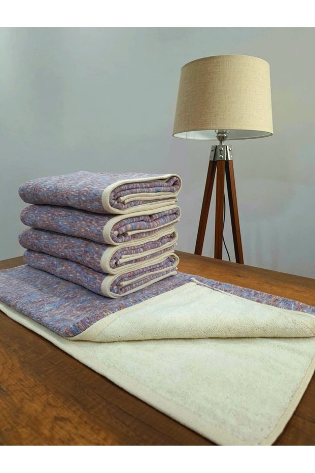 Set of 5 100% Cotton Bath Towels 70X140 cm 600 Gr High Water Absorbency Soft Textured Lilac Brown Patterned