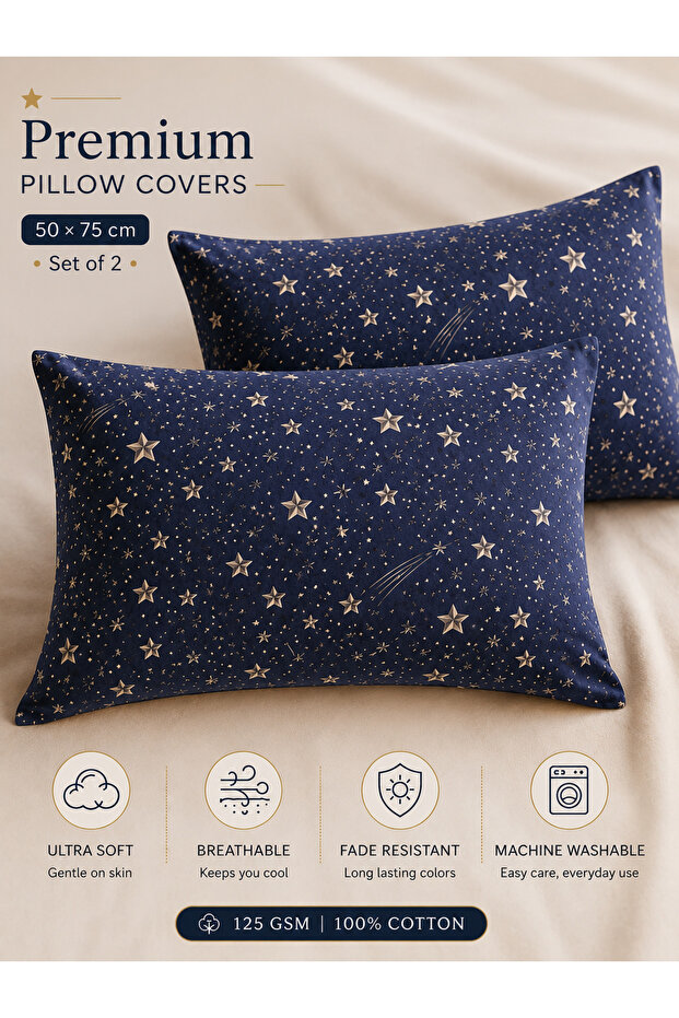 Set of 2 Cotton Printed Pillow Covers – Soft Breathable Pillow Cases with Envelope Closure 125 GSM Fabric