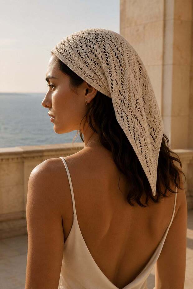 Ecru Openwork Cotton Viscose Women's Knitwear Bandana